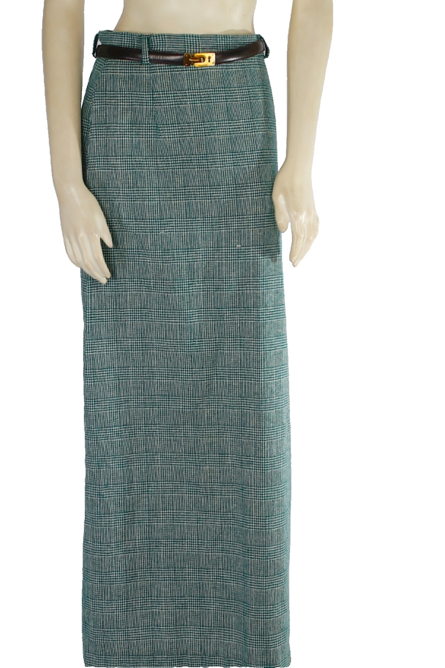 Vintage Green Tweed Glen Plaid High Waist Column Maxi Skirt with Leather Belt S